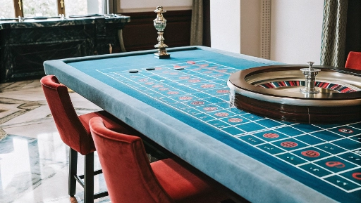 Elegant casino roulette table with chips and spinning wheel in classic Italian gaming hall