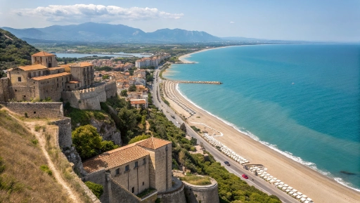 Panoramic view of Terracina coastline with historic buildings and Mediterranean Sea