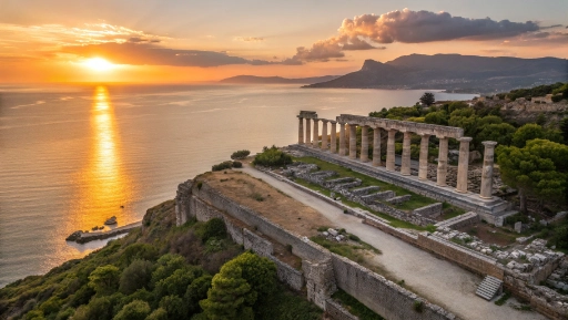 Ancient Temple of Jupiter Anxur ruins overlooking Gulf of Gaeta at sunset