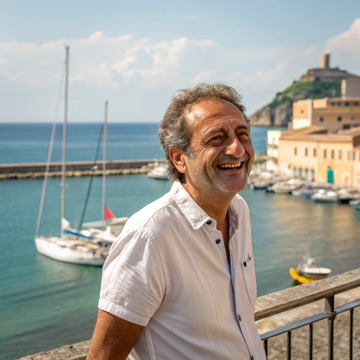 Filippo Manucci smiling in front of Terracina harbor with Mediterranean Sea background