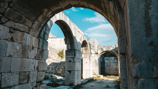 Ancient stone arches and vaulted foundations of the Temple of Jupiter Anxur on Monte Sant'Angelo