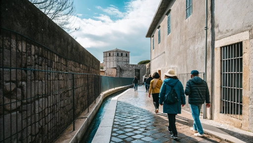 Tourists walking through narrow medieval streets in Terracina historic center with stone buildings