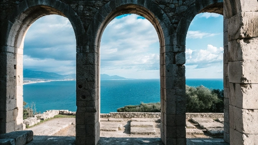 Ancient Temple of Jupiter Anxur stone arches framing view of Gulf of Gaeta